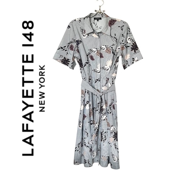 Lafayette 148 Eleni Artisan Bouquet Short-Sleeve Stretch Cotton Midi Dress SizeL - Picture 2 of 14